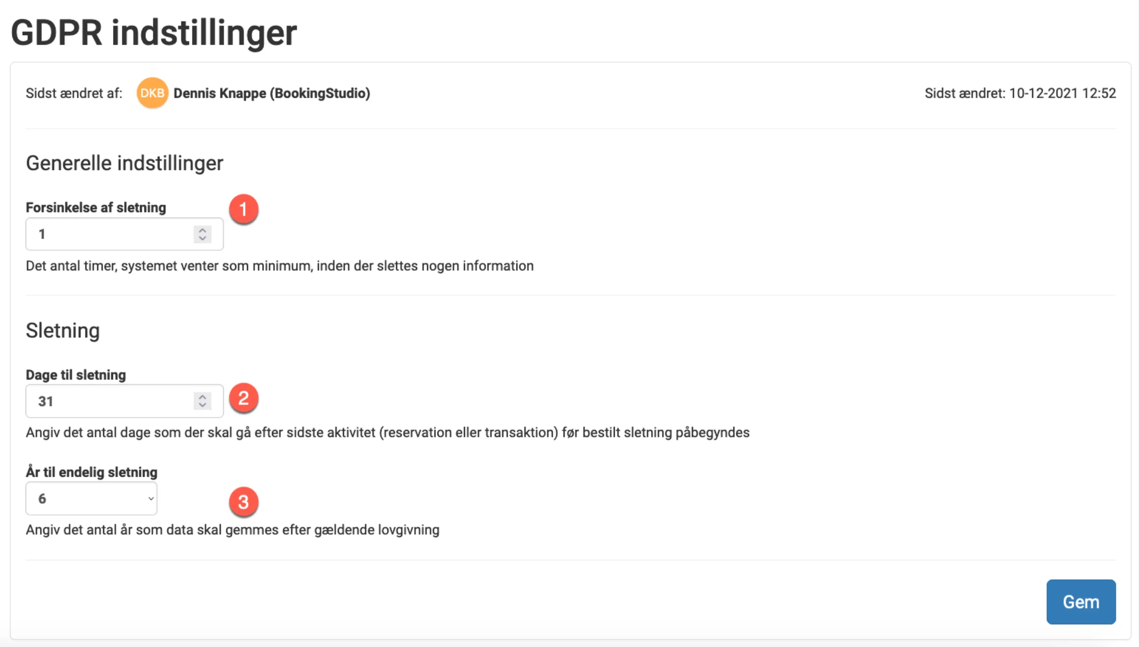 Indstillinger for GDPR sletning