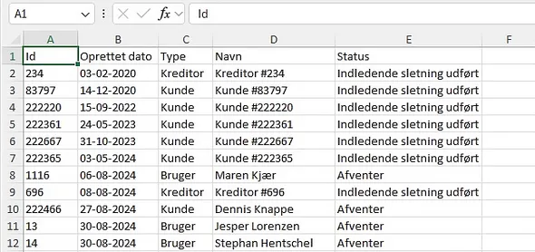 Liste over afventende gdpr sletninger i Excel