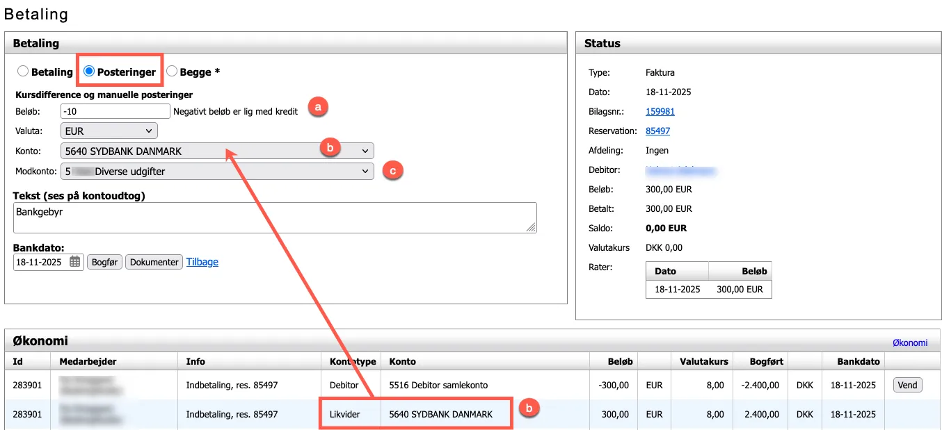 Postering af et gebyr