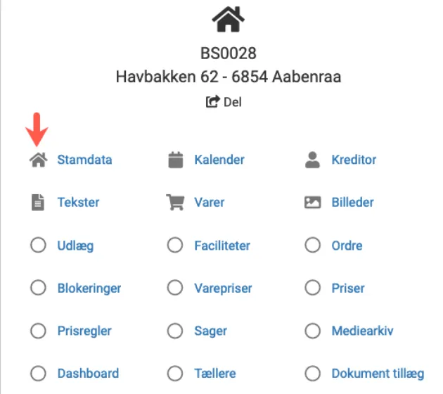 Menu med ikoner som genveje for en feriebolig