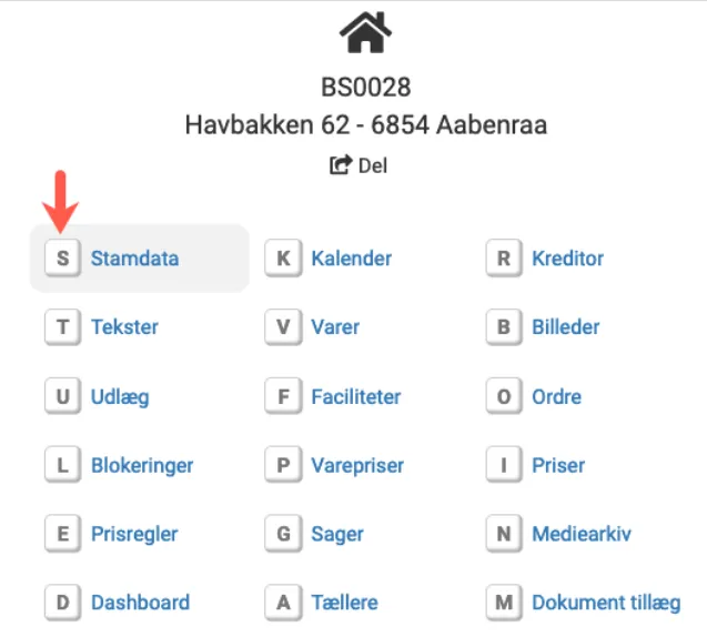Menu med bogstaver som genveje for en feriebolig