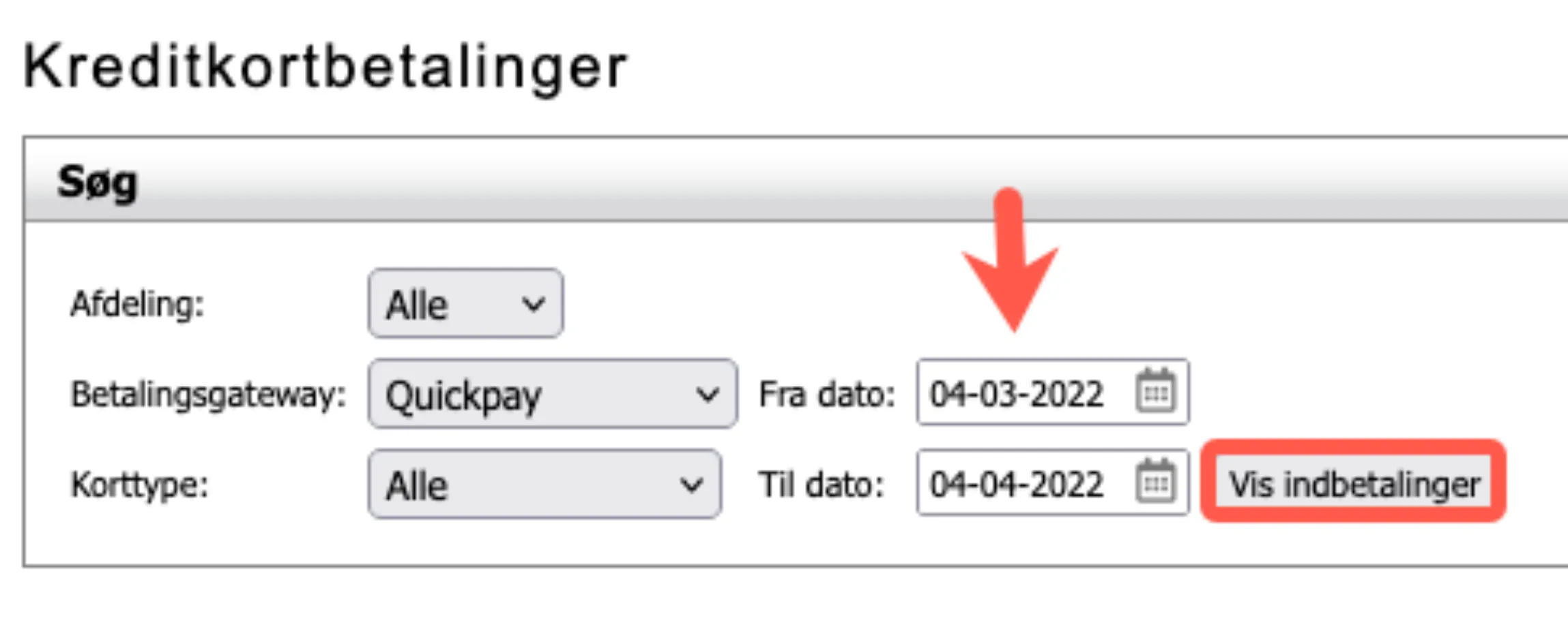 Periode for betalinger der skal håndteres
