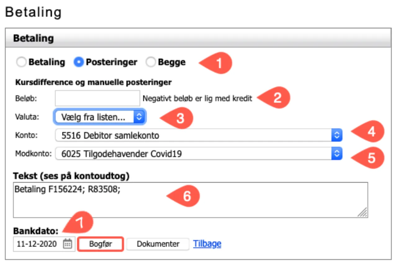 felter i indbetaling/bogføring