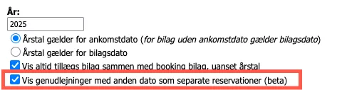 Vis genudlejninger med anden dato som separate reservationer