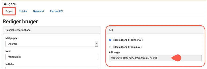 API nøglen findes på brugeren