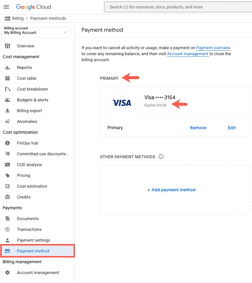 Tjek at der ligger et gyldigt kreditkort i primary området