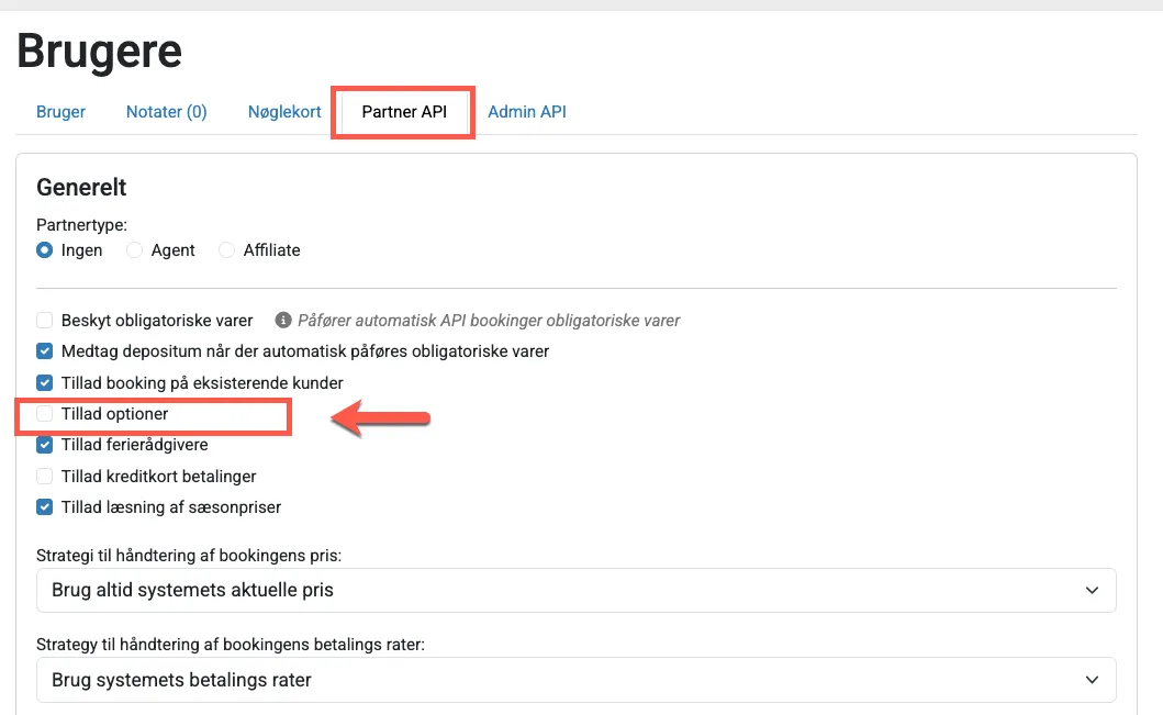 Indstillinger på Partner API siden