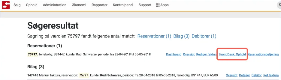 Søg reservation under ophold til Front Desk