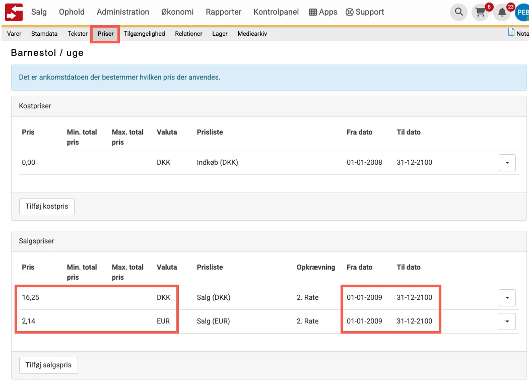 Tjek om der er salgspriser i alle valuta