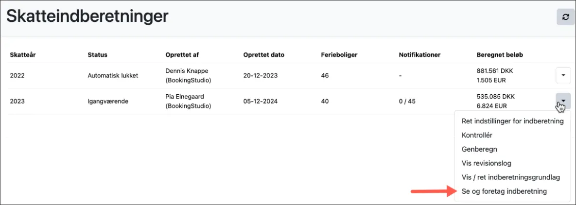 Menupunket "Se og foretag indberetning"
