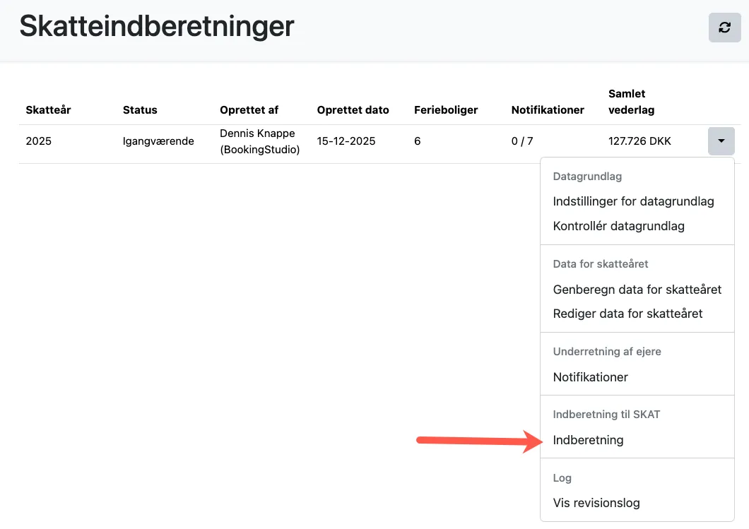 Menupunket "Indberetning"