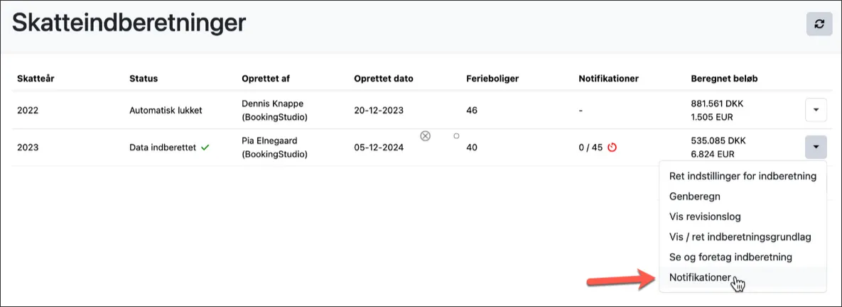 Menupunktet notifikationer