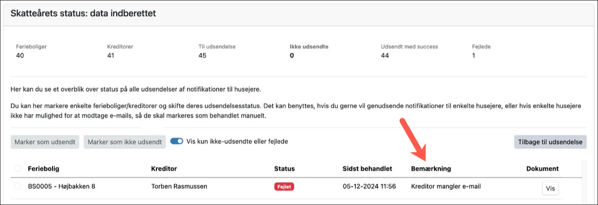 Se årsag for fejl under bemærkninger