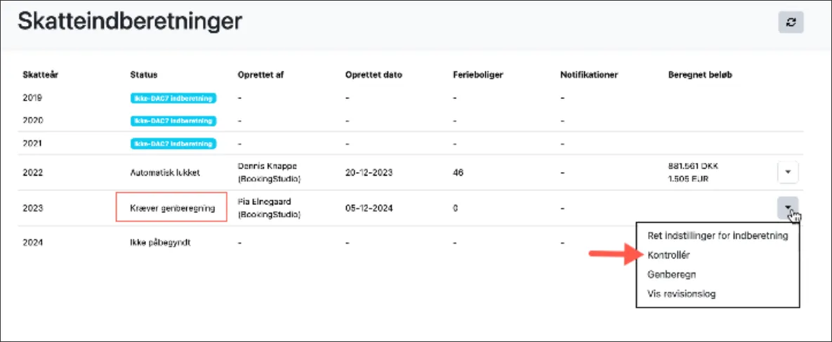 Gå til menupunktet Kontrollér