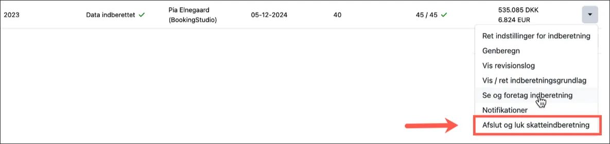 Afslut og luk skatteindberetningen