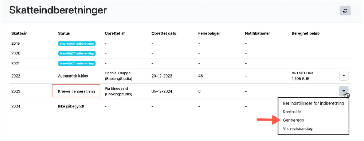 Gå til menupunktet Genberegn