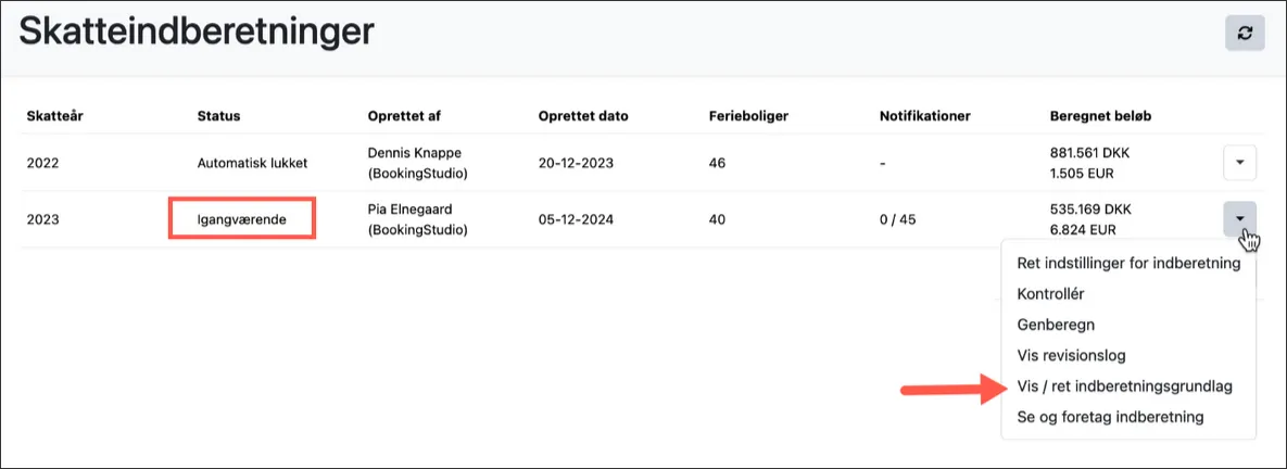 Gå til menupunktet Vis / Ret indberetningsgrundlag