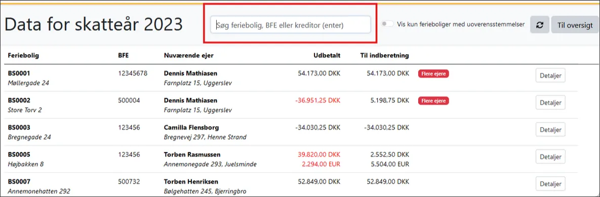 Søg feriebolig, BFE eller en kreditor