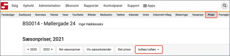 Indlæs/Udlæs priser for en enkelt feriebolig