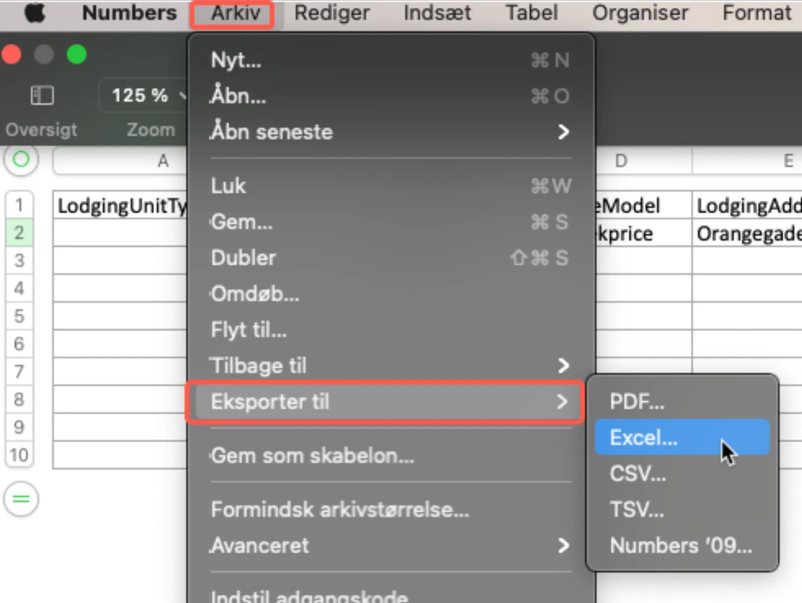 Eksportér til excel