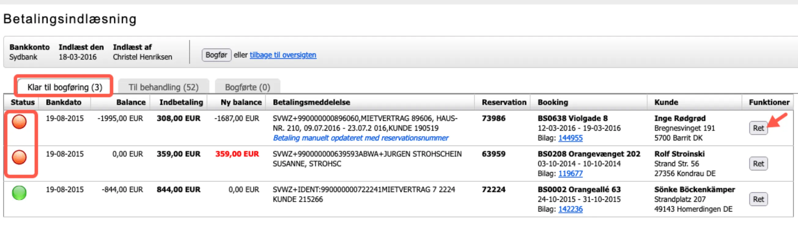 Håndtering af indlæste indbetalinger