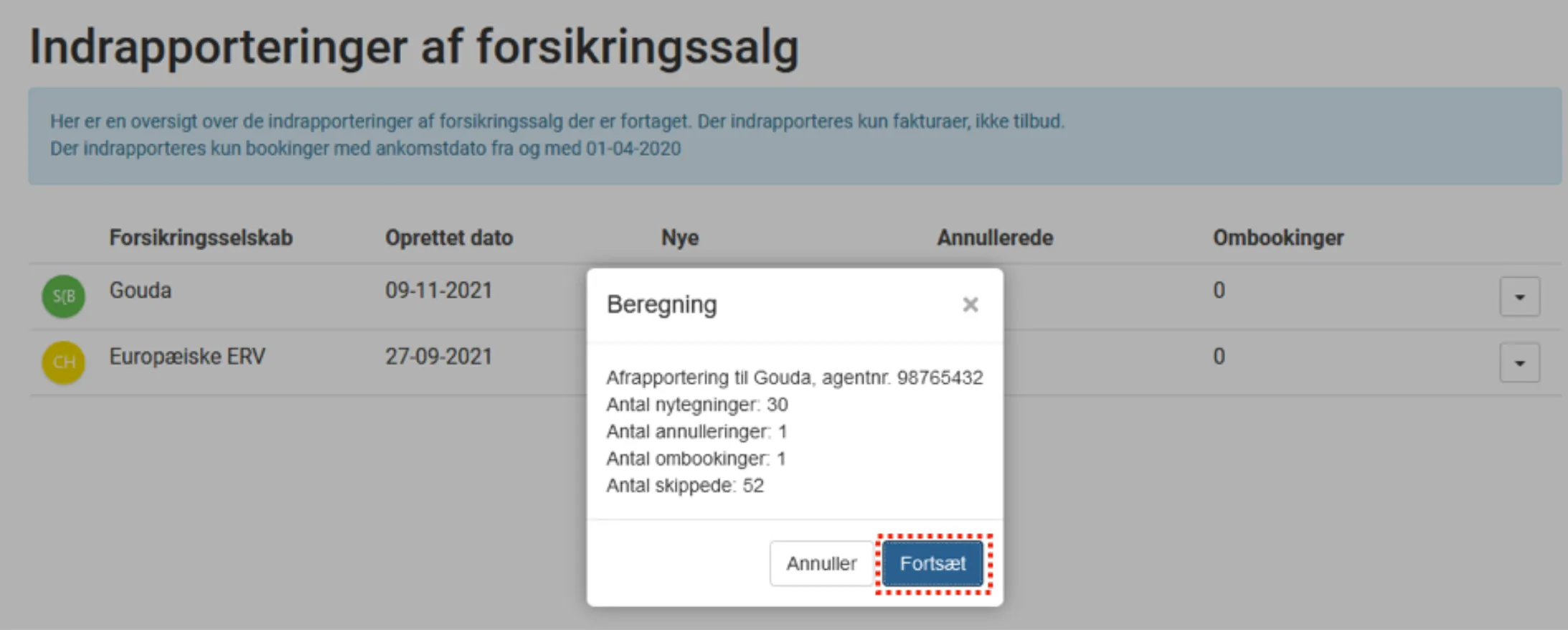 Oversigt siden sidste indberetning