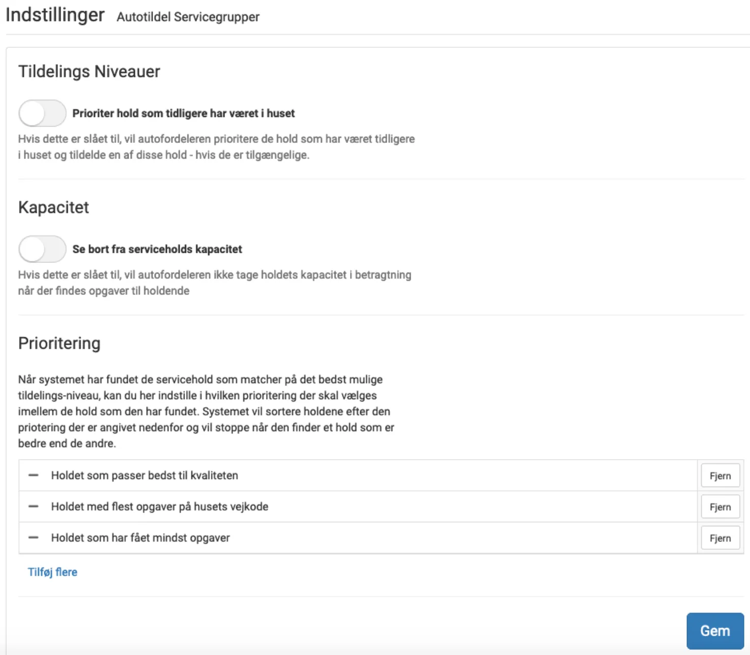 Vælg prioritering af servicegrupper