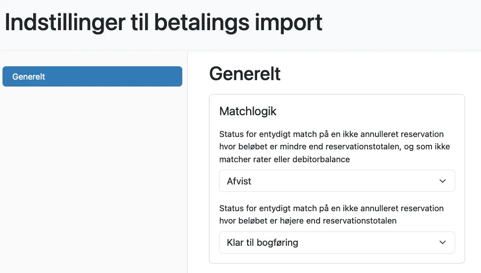 Indstillinger for import af bankfiler