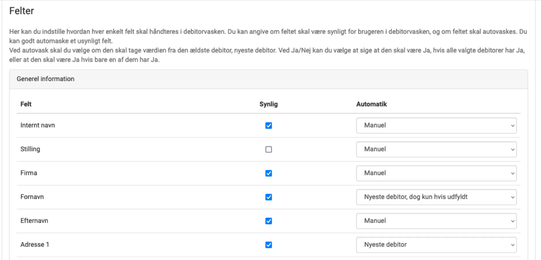 Debitorvask opsætning