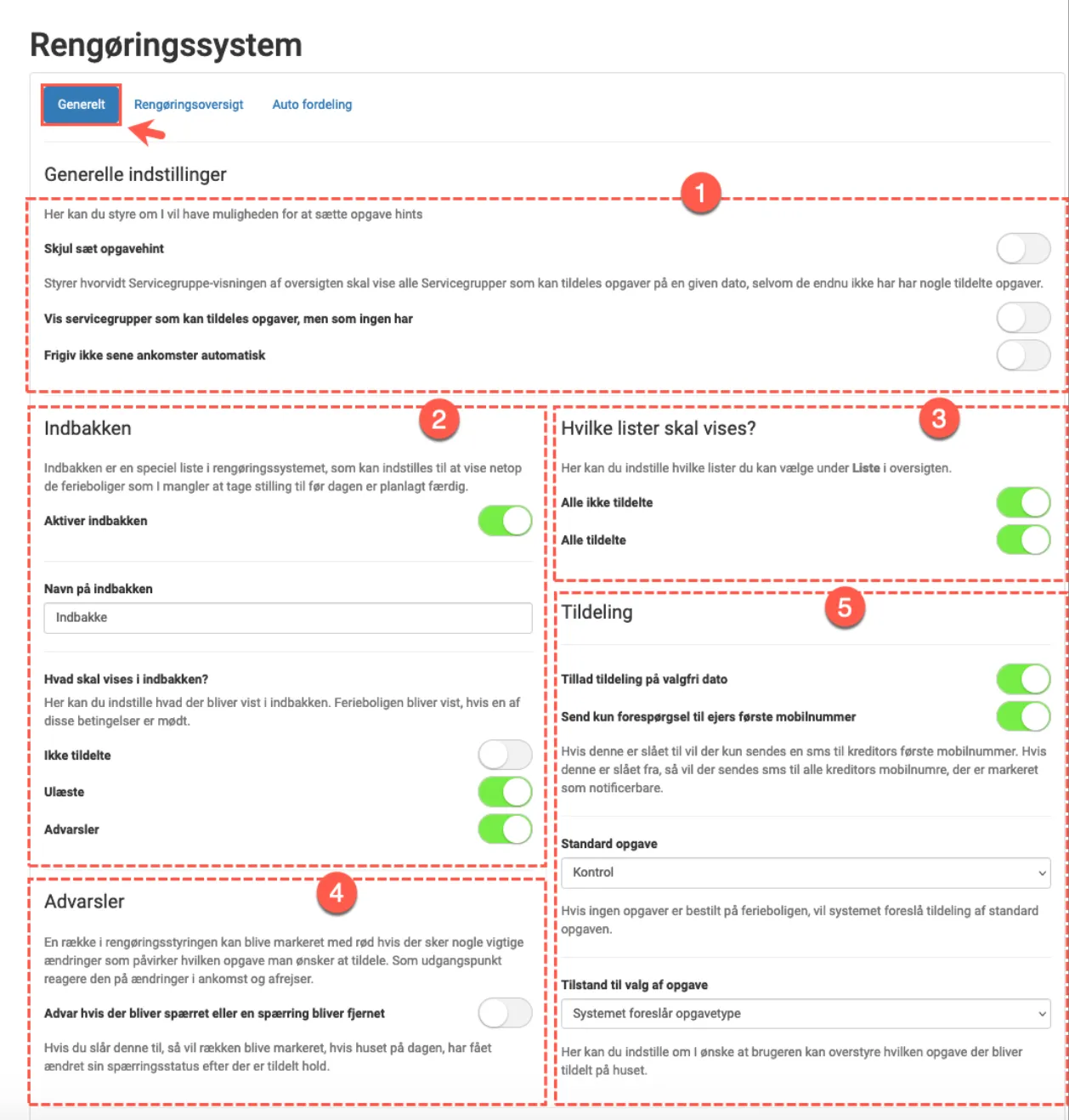 Rengøringssystemet indstillinger