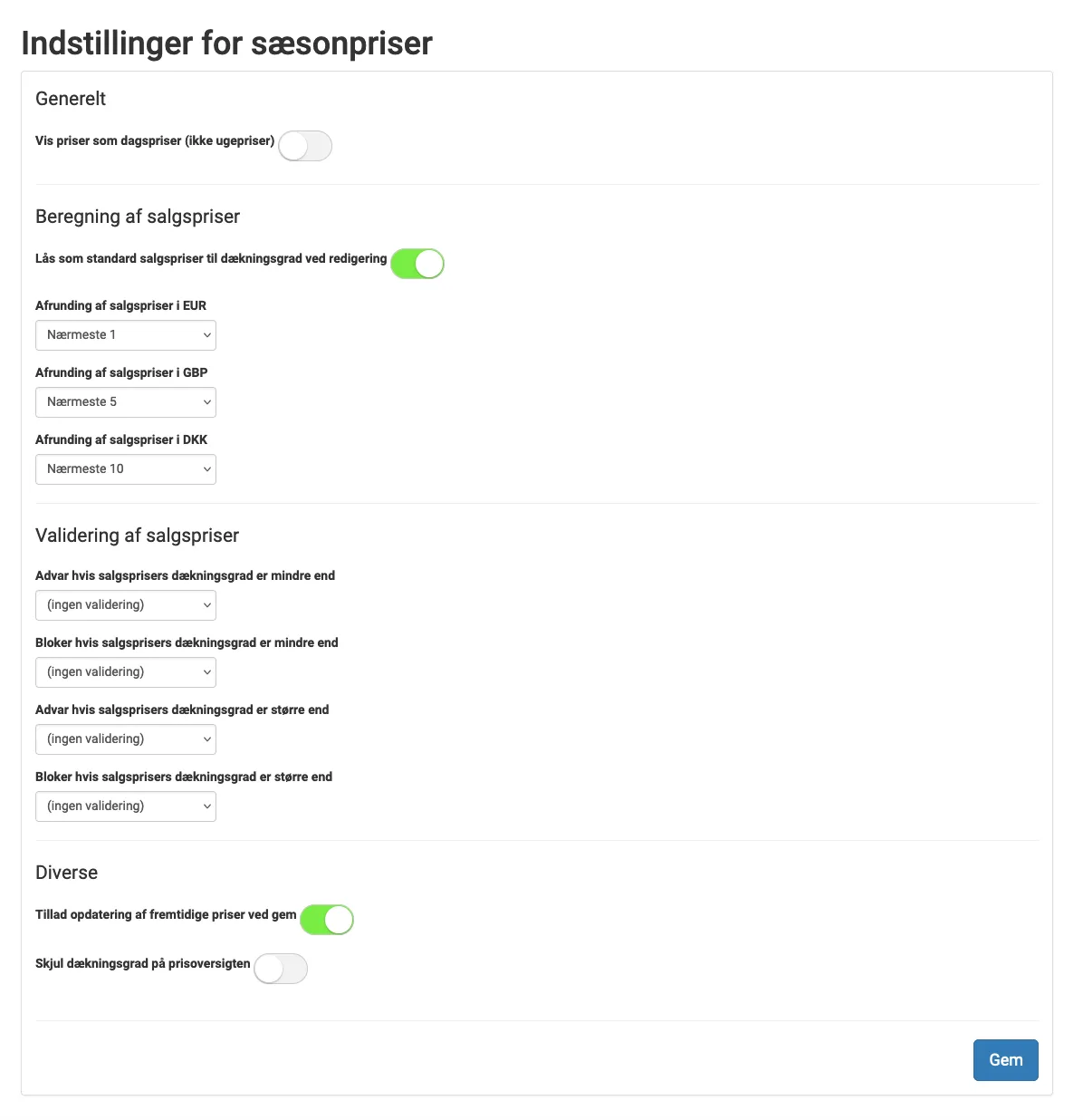 Indstillinger for sæsonpriser