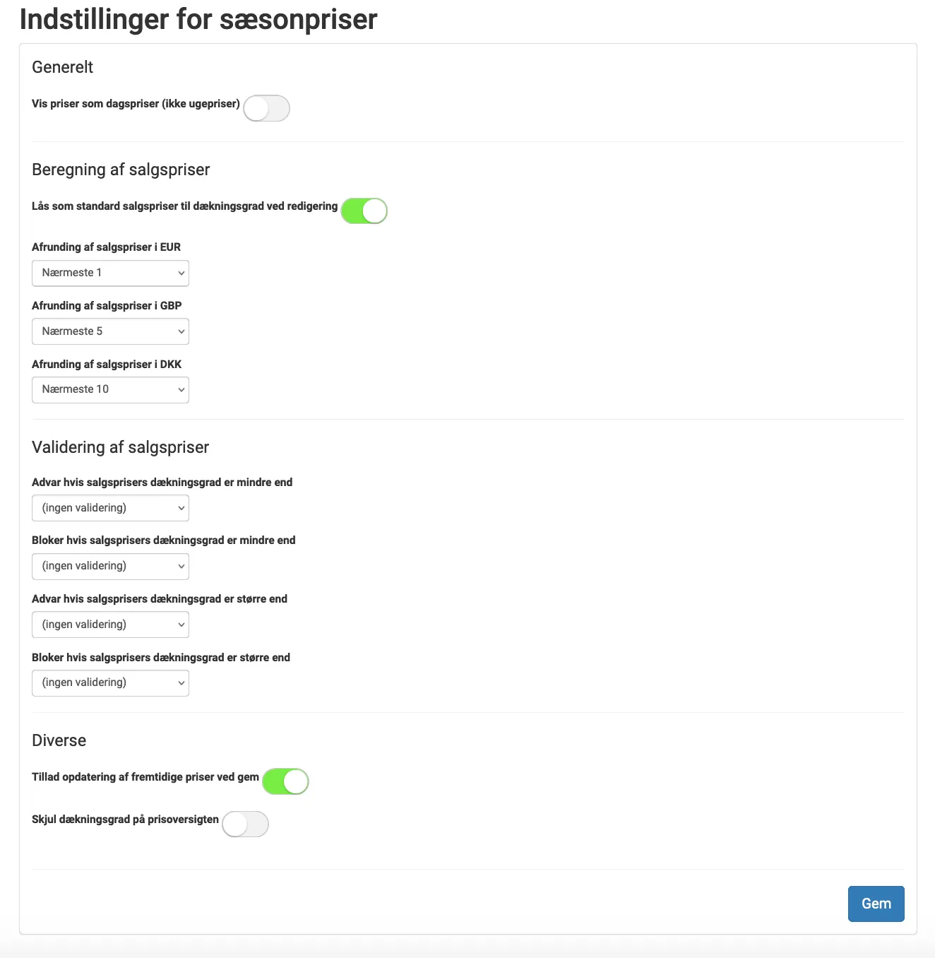 Standardindstillinger for sæsonpriser