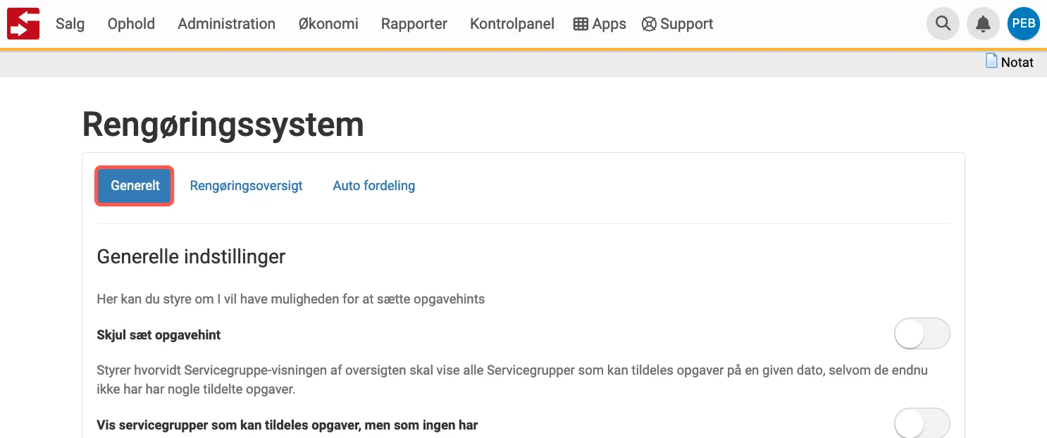 Generelle indstillinger for service oversigten