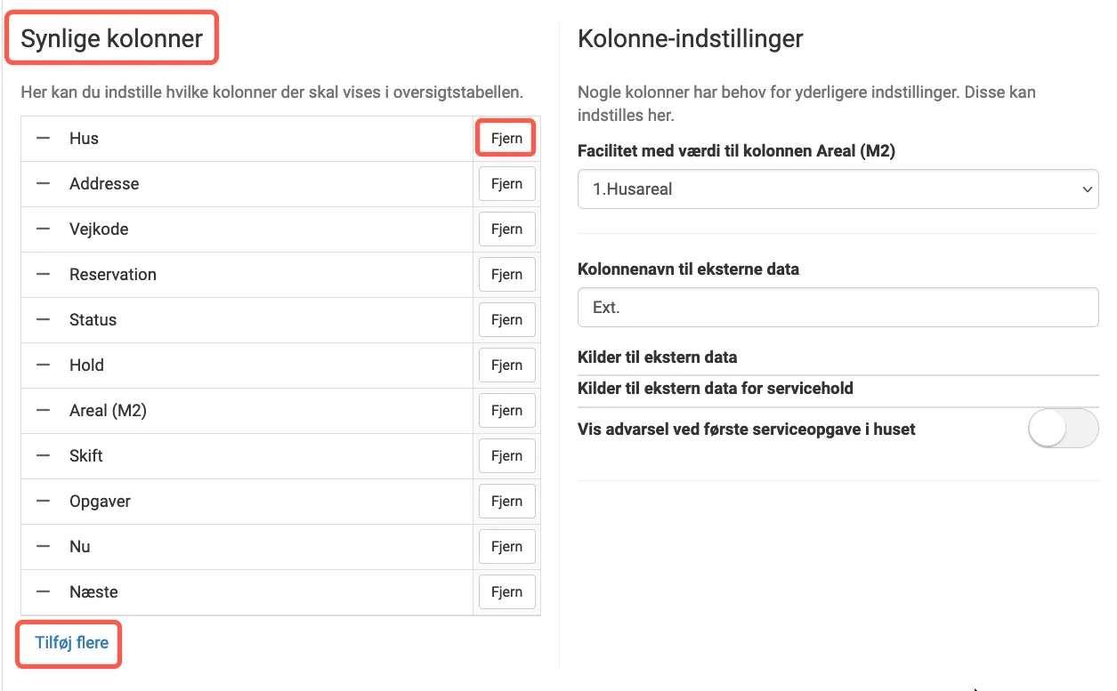 Indstillinger for kolonner i service oversigten