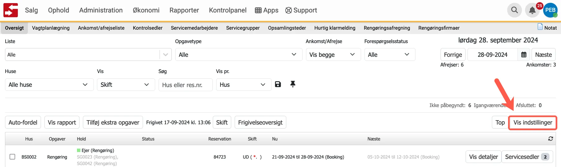 Vis indstillinger i service oversigten