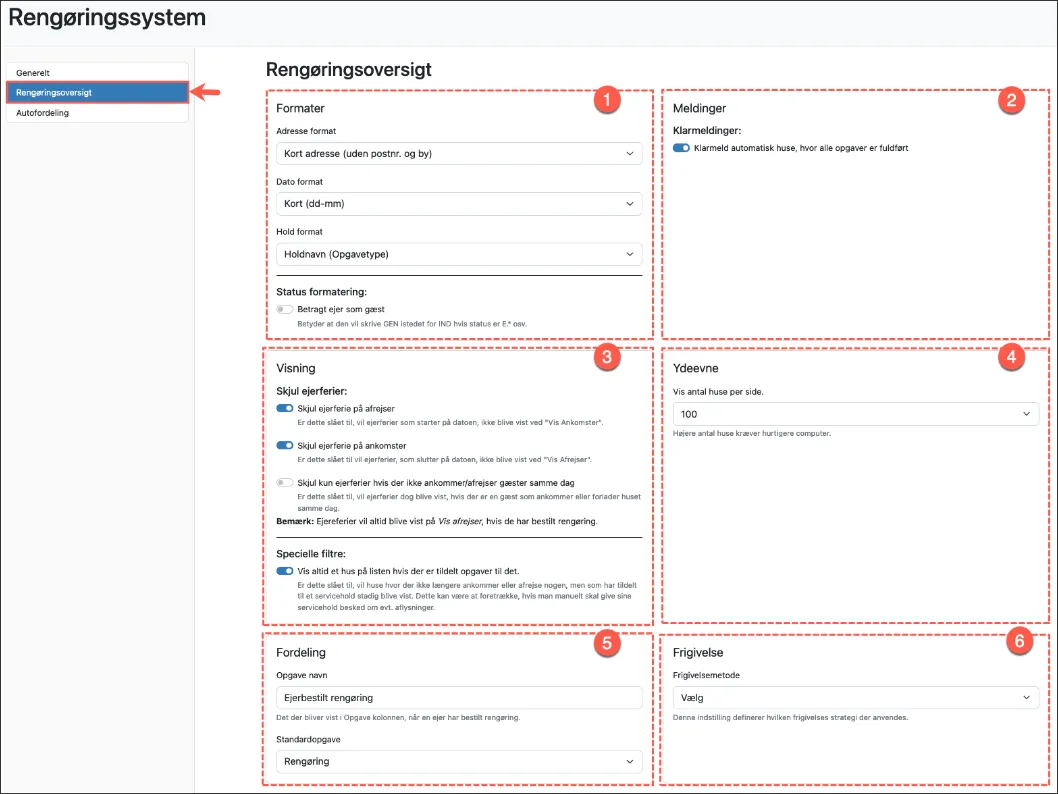 Områder der kan indstilles i rengøringssystemet