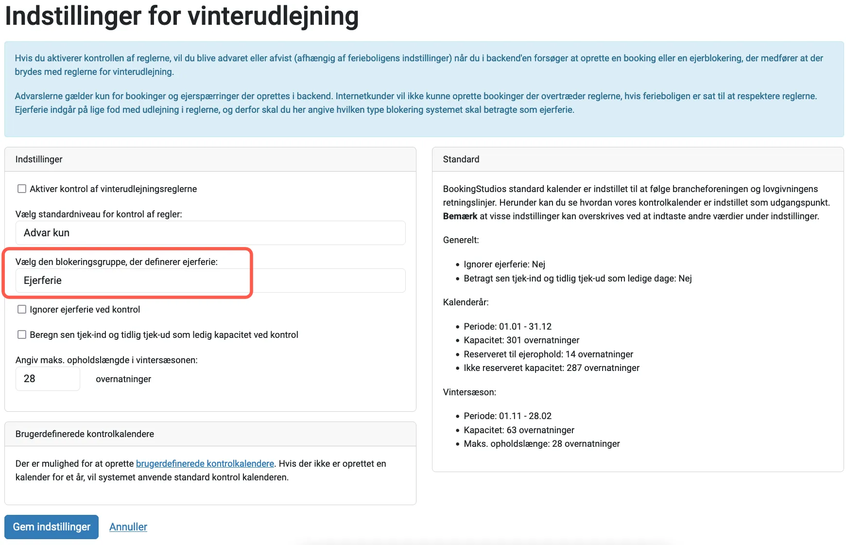 Områder der kan indstilles i rengøringssystemet