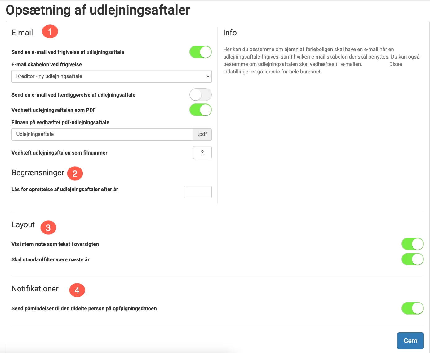 Standardindstillinger for udlejningsaftaler