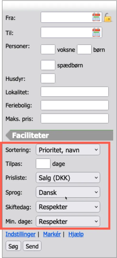 Standard instillinger for søgning