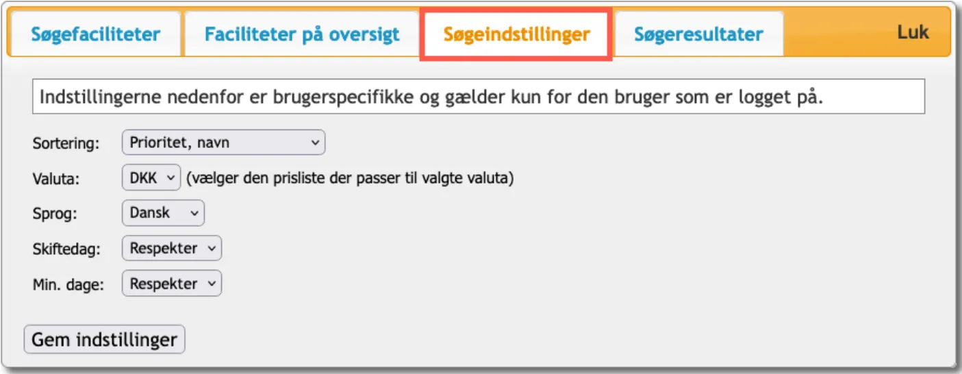 Opsætning af standard for søgeinstillinger
