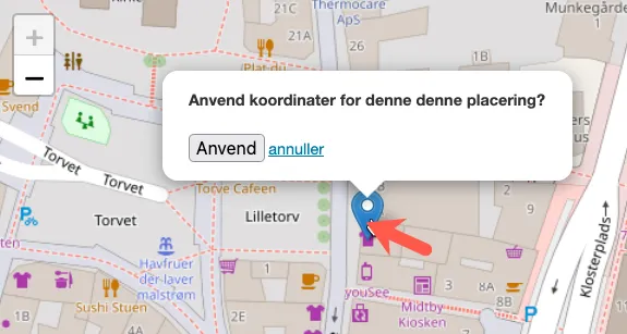 Finjuster markørens placering på kortet