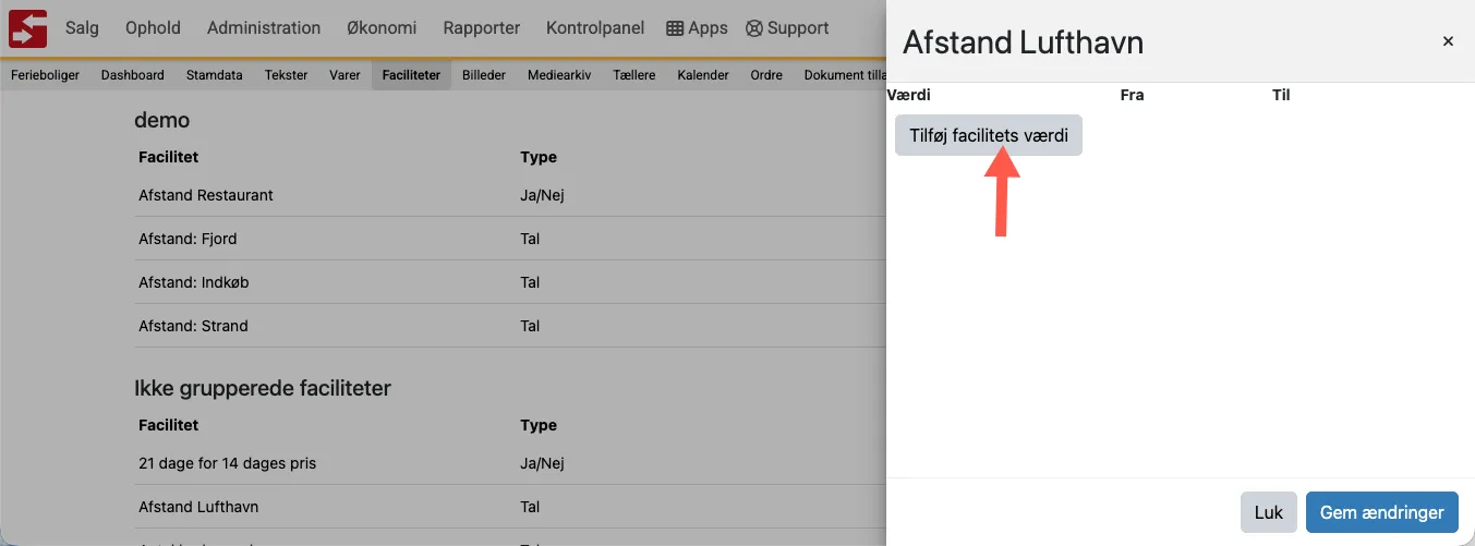 Tilføj en facilitets værdi