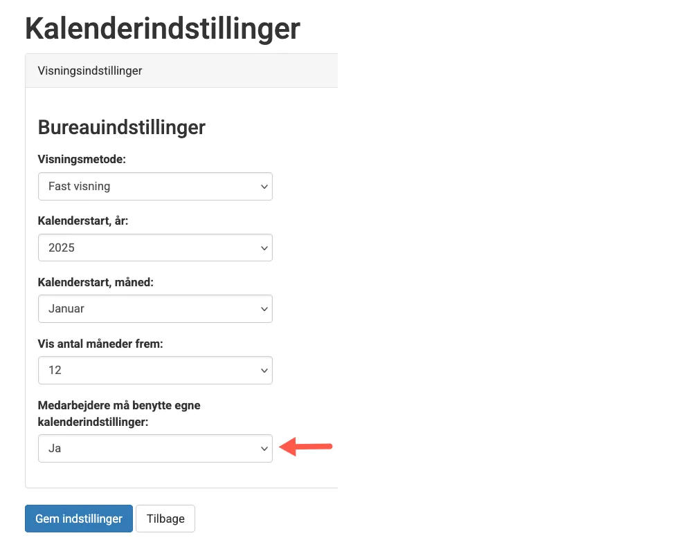 Bureau indstillinger for ferieboligernes kalender