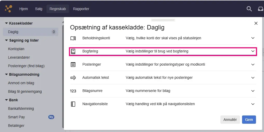 Indstillinger til brug ved bogføring