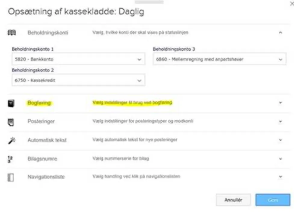 Indstillinger til brug ved bogføring