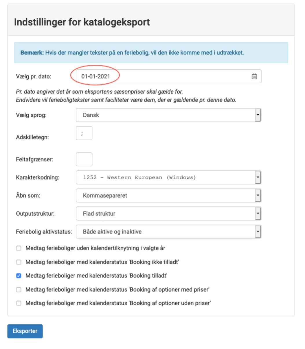 Indstillinger for Katalogeksport