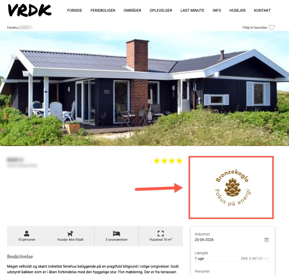 Visning af koglemærket på en feriebolig på hjemmesiden