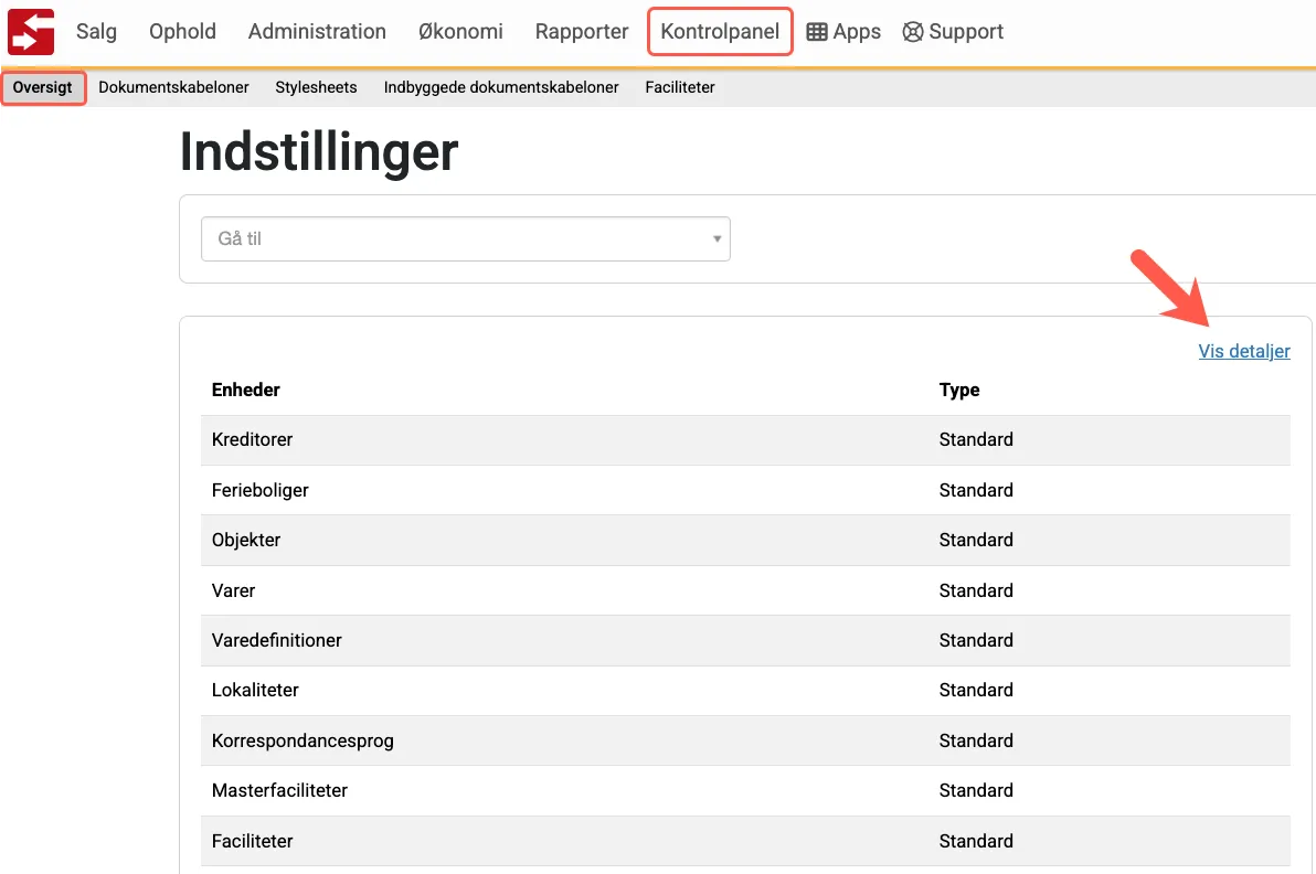 Se detaljer i kontrolpanelet