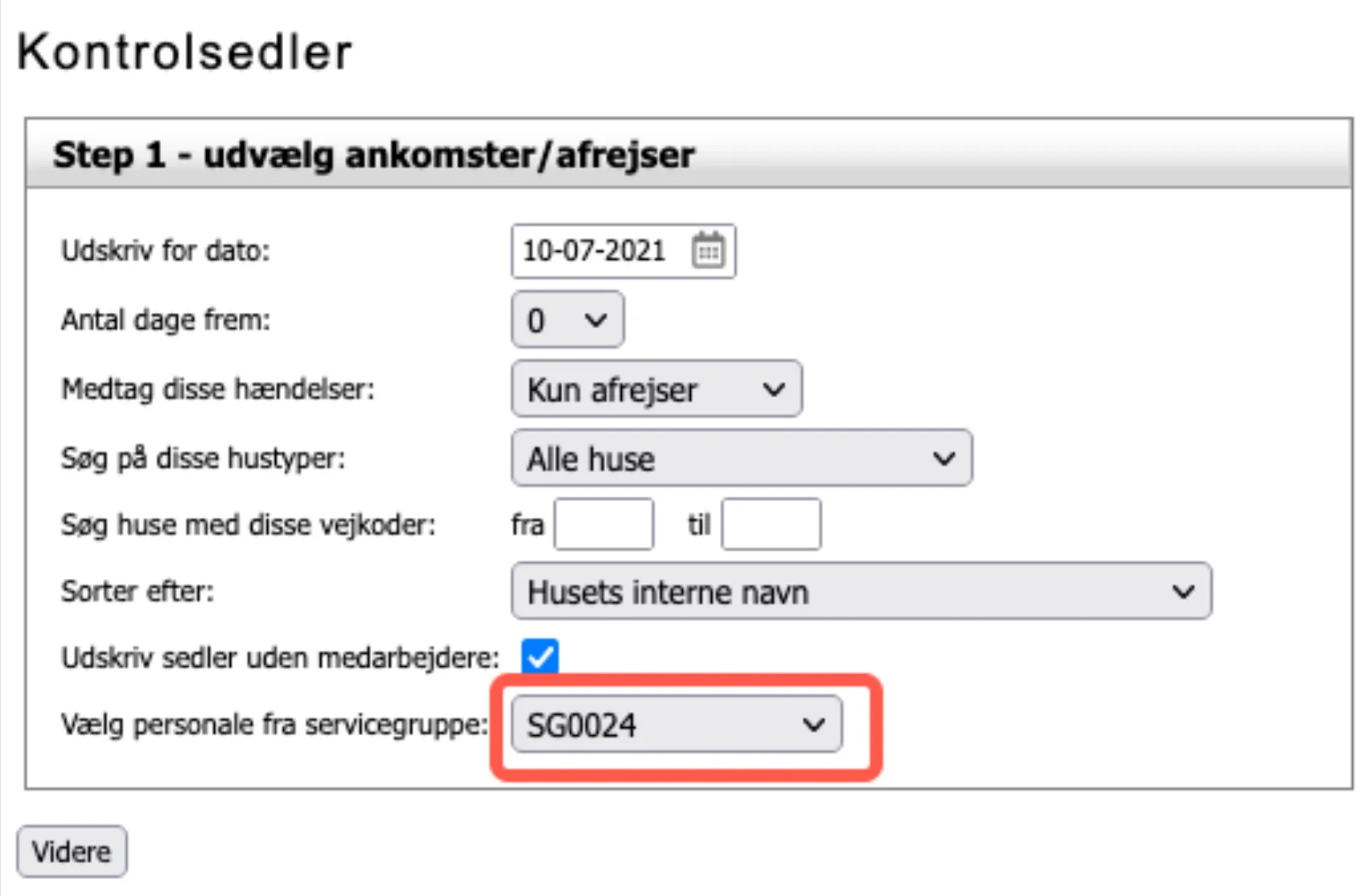 Valgt en bestemt servicegruppe