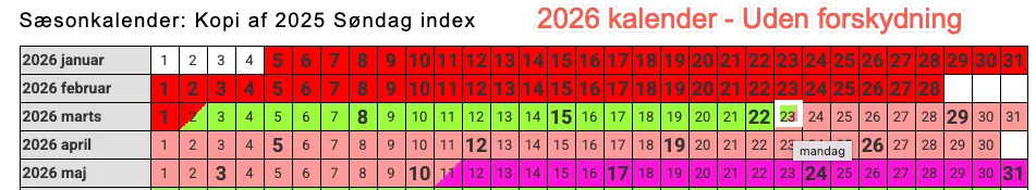 Eksempel på en 2026 kalender uden forskydning
